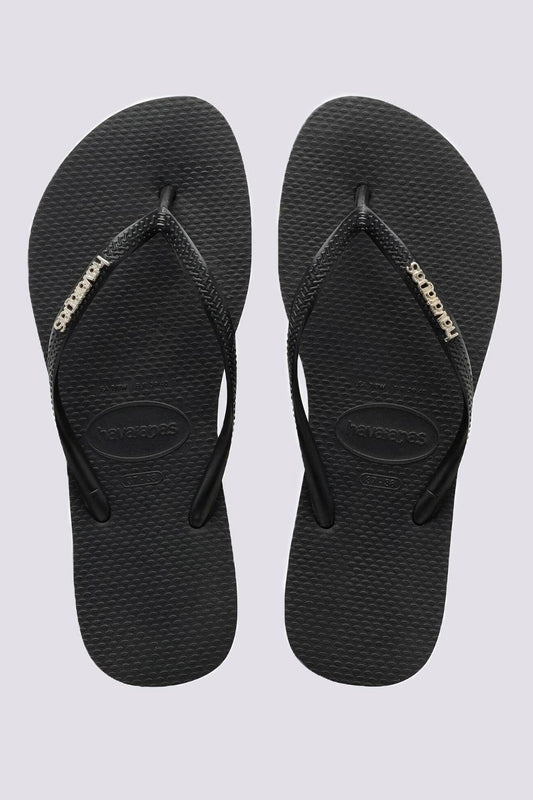 HAVAIANAS SLIM LOGO METALLIC JANDAL - BLACK/SILVER-